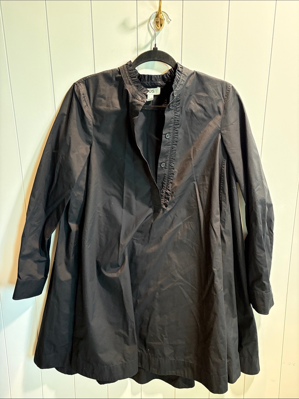 NWOT COS black all cotton oversize tent dress ruffle detail on v neck 2